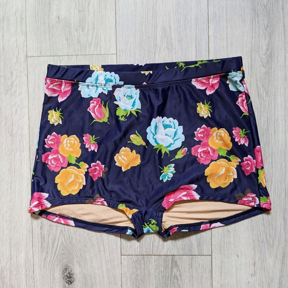 Rey Swimwear High Waisted Swim Bottoms Large Navy Floral Pattern